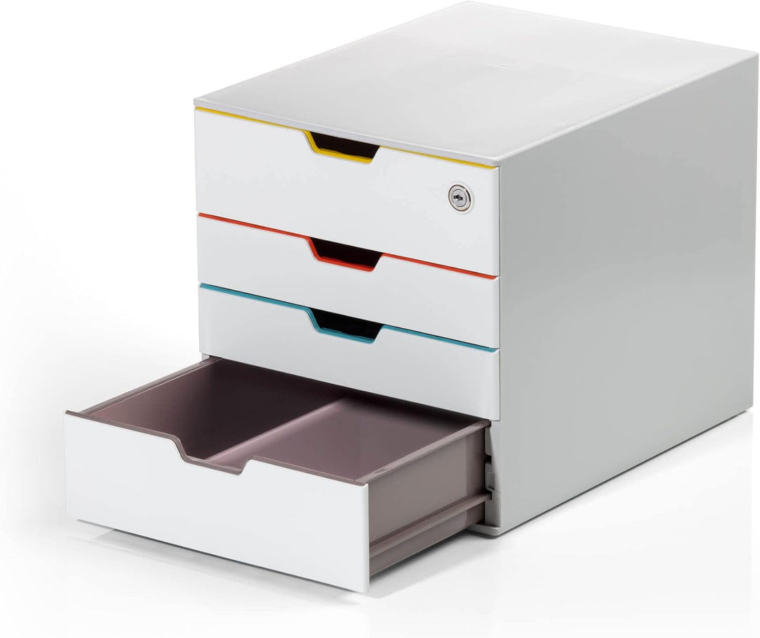 Durable Schubladenbox A4 (Varicolor Mix Safe) 4 Fächer, mit Schloss & Etiketten zur Beschriftung, me