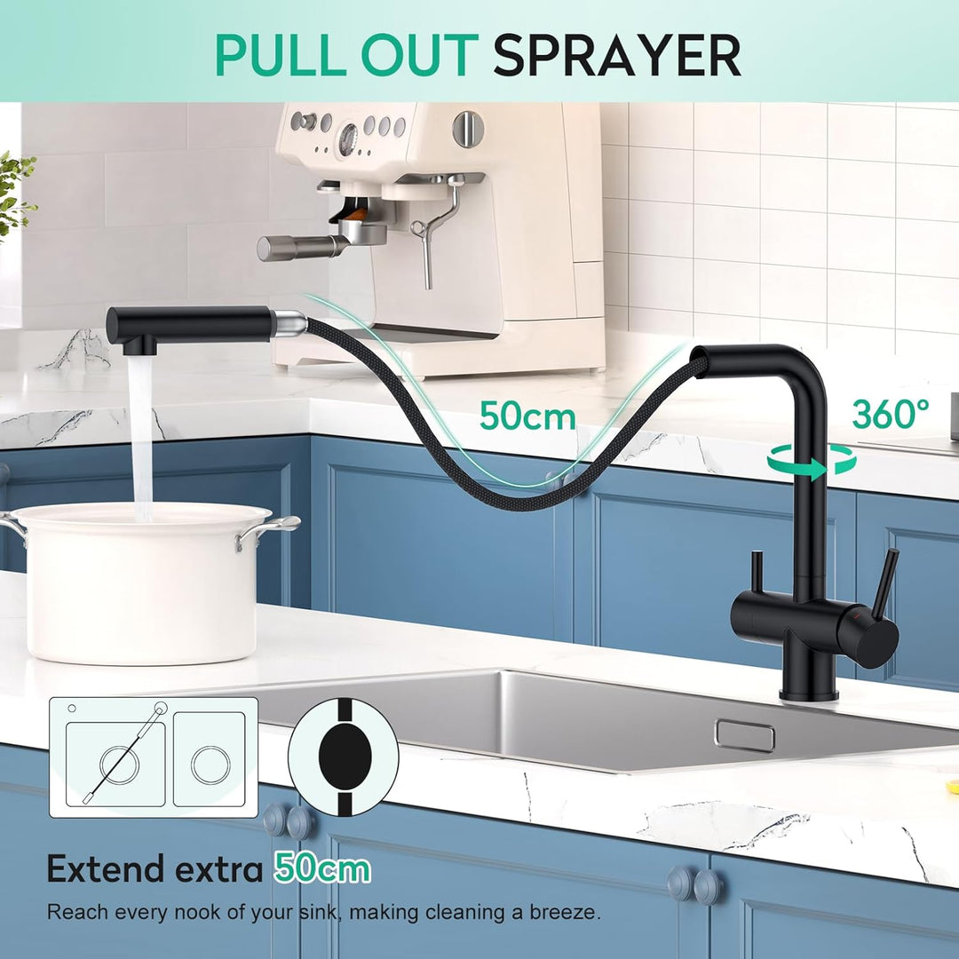 CREA 3 Wege Wasserhahn Küche Ausziehbar,Trinkwasserhahn Küche mit Brause,Küchenarmatur mit 2 Hebel,D