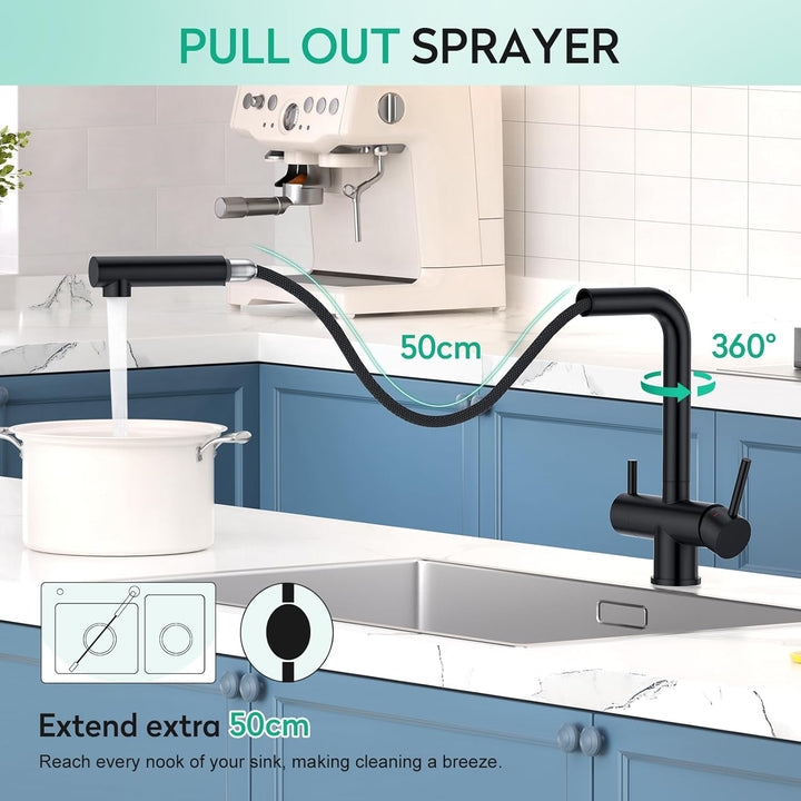 CREA 3 Wege Wasserhahn Küche Ausziehbar,Trinkwasserhahn Küche mit Brause,Küchenarmatur mit 2 Hebel,D