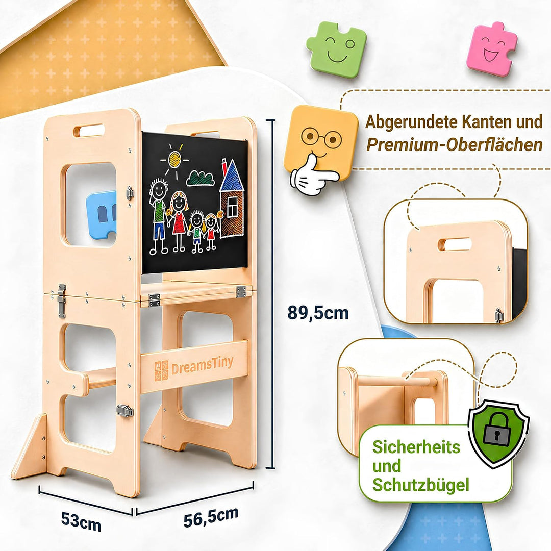 Lernturm ab 1 Jahr Klappbar 3-in-1, Lernturm mit Rausfallschutz | Inklusive Xylophon, Malbuch, Bunts