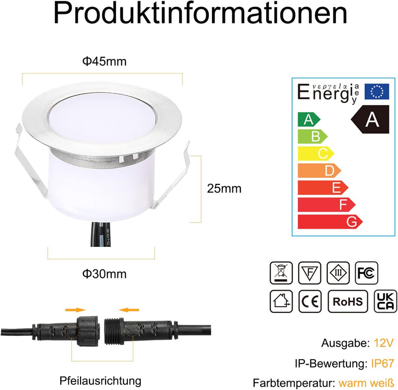 INDARUN 6er Set Warmweiss LED Bodeneinbauleuchten Aussen Ø45mm Terrasse Einbaustrahler IP67 Wasserdi