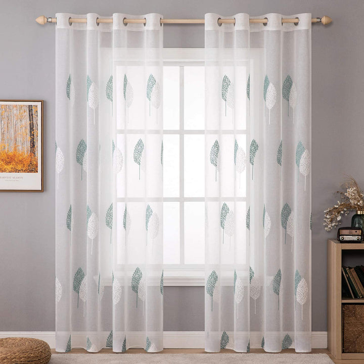 MIULEE Wohnzimmer Vorhänge Transparent mit Türkis und Weiss Blätter Muster, Modern Stickerei Gardine