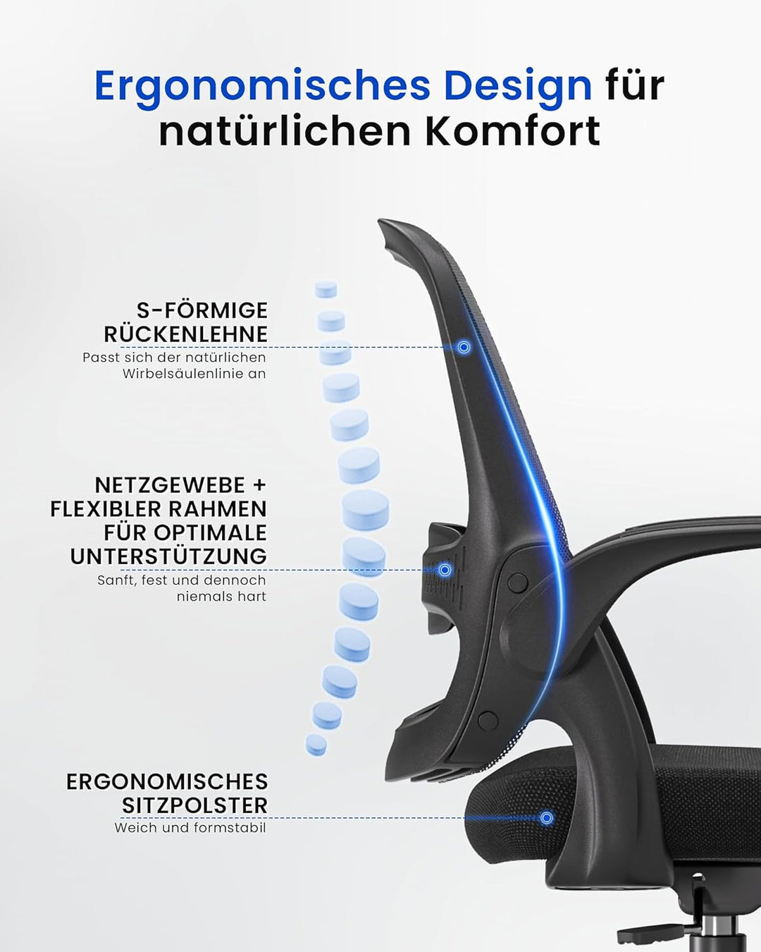LukkDys Bürostuhl Ergonomisch, Schreibtischstuhl mit klappbaren Armlehnen, Mesh Computerstuhl höhenv