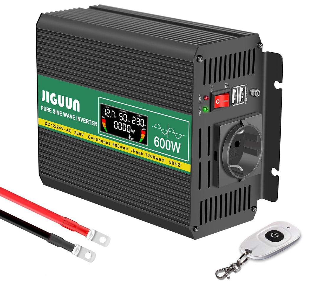 JIGUUN 600W Wechselrichter Reiner Sinus Spannungswandler 12v 230v Inverter Mit EU-Steckdose und 2 US