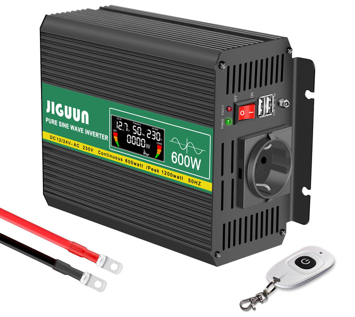 JIGUUN 600W Wechselrichter Reiner Sinus Spannungswandler 12v 230v Inverter Mit EU-Steckdose und 2 US