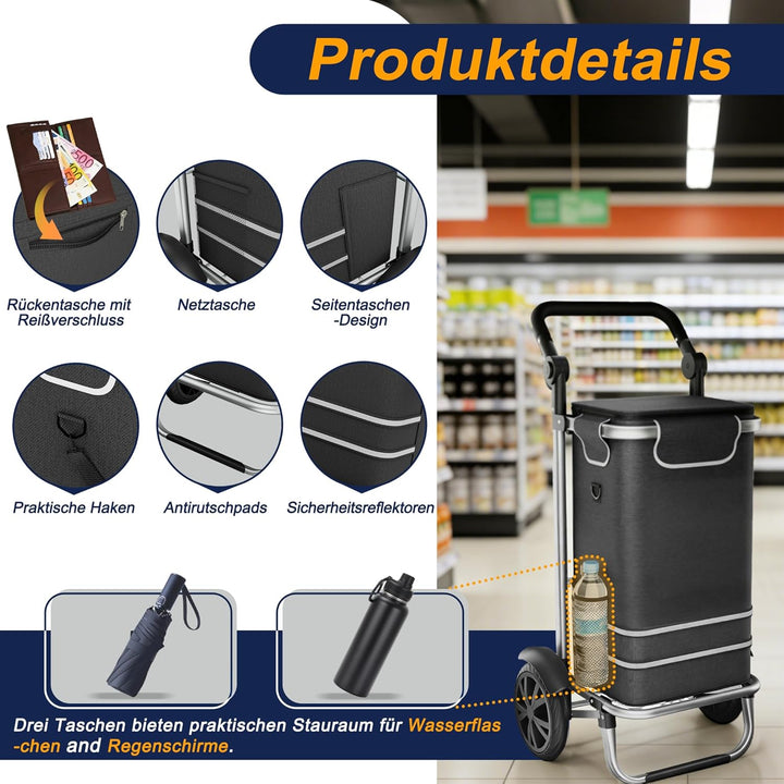 LARS360 Einkaufstrolley Faltbar mit Kühlfach 56L Einkaufswagen aus Aluminium 3 in 1 Trolley & Sackka