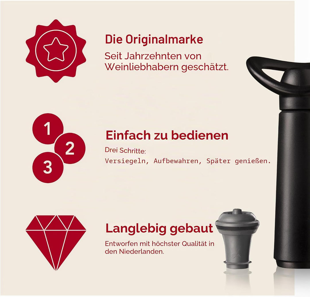 Vacu Vin Weinpumpe Concerto mit 2 Vakuumstopfen – Premium Wein Konservierer – Schwarzes Set mit Klic