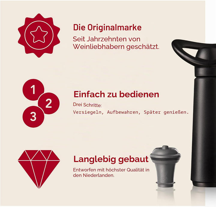 Vacu Vin Weinpumpe Concerto mit 2 Vakuumstopfen – Premium Wein Konservierer – Schwarzes Set mit Klic