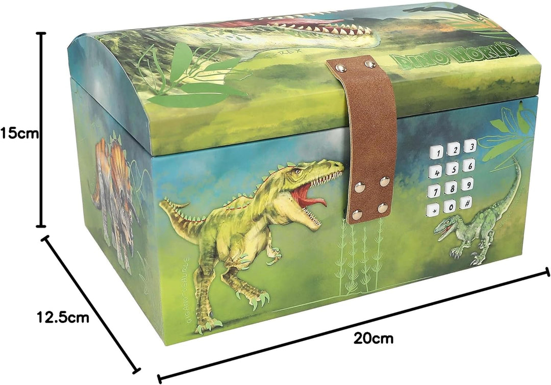 Depesche 12115 Dino World - Schatztruhe mit Code, Sound und Licht, ca. 15 x 20 x 12,5 cm gross, Kist
