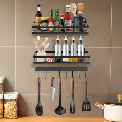 SABUIDDS Gewürzregal Wand aus Metall, Küchenregal Wand mit 2 Stück Schwebendes Regal und 8 Haken, Sp