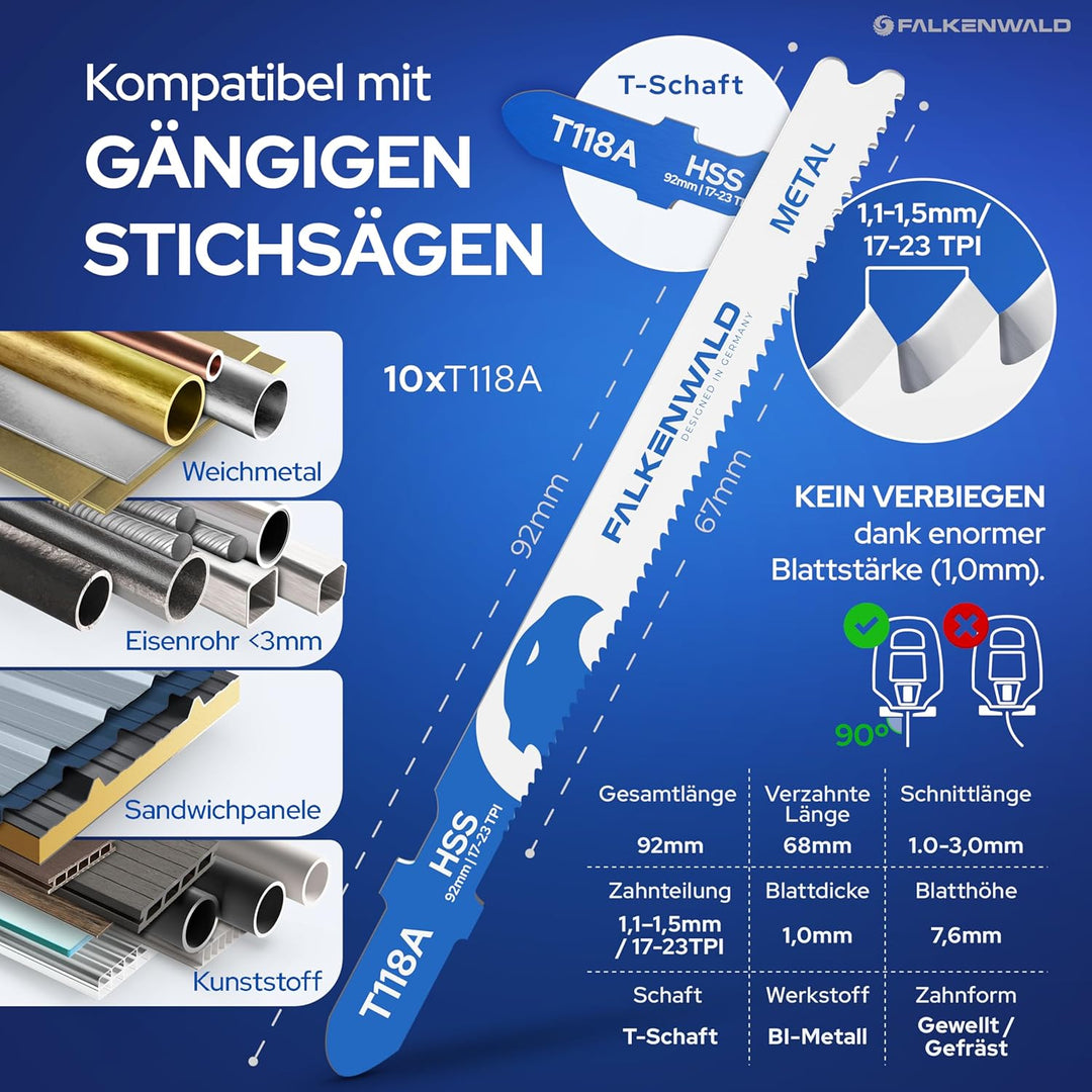 FALKENWALD® Stichsägeblätter Set 30tlg 20x Holz + 10x Metall - T-Schaft HCS & HSS - Für Weichholz, H