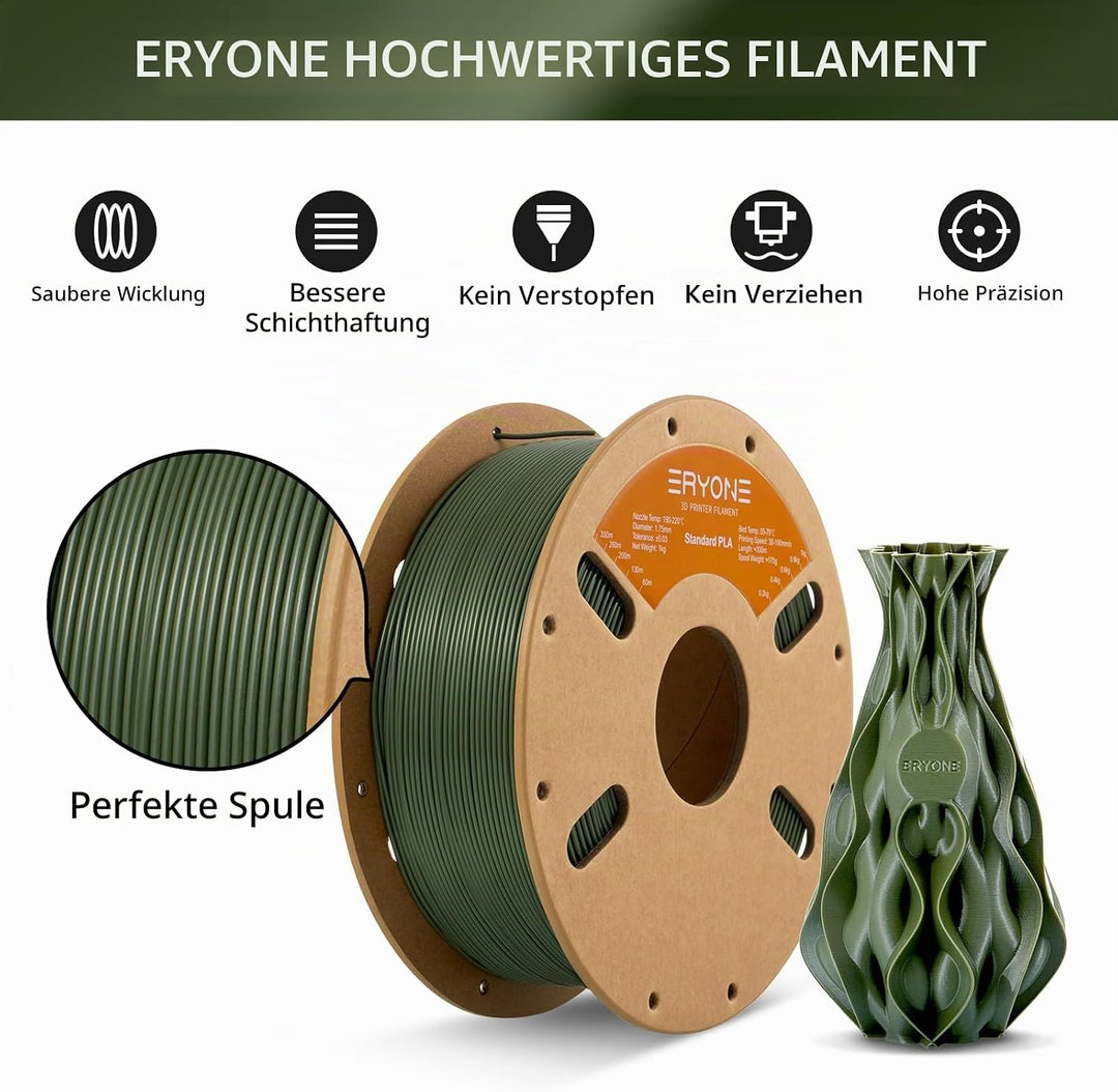 ERYONE PLA Filament 1.75 mm, 3D Drucker Filament PLA, Massgenauigkeit +/- 0,03 mm 1 kg/Spule, Army G