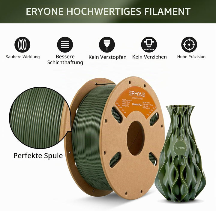 ERYONE PLA Filament 1.75 mm, 3D Drucker Filament PLA, Massgenauigkeit +/- 0,03 mm 1 kg/Spule, Army G