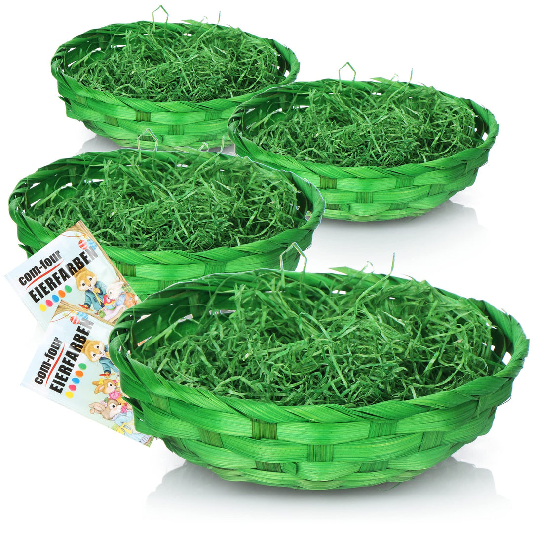 com-four® 4X Osterkörbchen mit Deko Gras und Eierfarben - grüne Osterkörbe mit grünem Gras - Bastkor