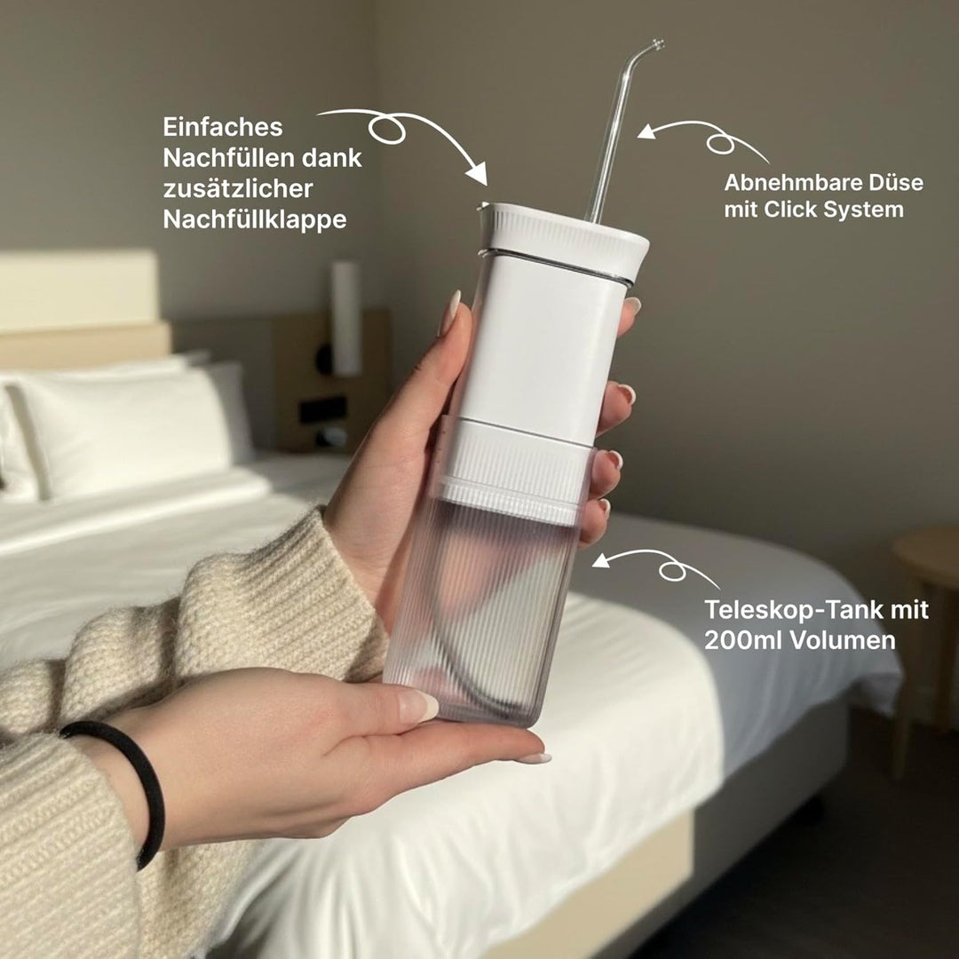 SonicSmile® Sonic Mini Munddusche – Kabellos & kompakt, Teleskop-Design, 4 Aufsätze, Zahnzwischenrau