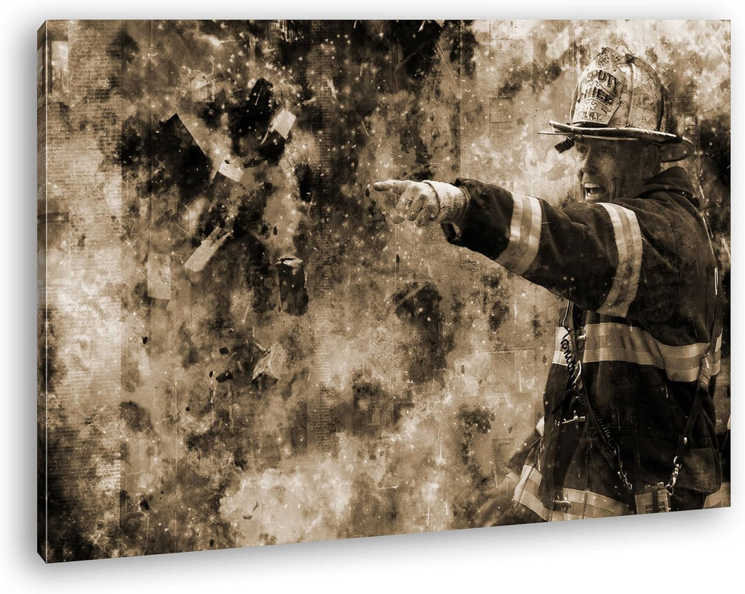 deyoli Feuerwehr Illustration Format: 80x60 Effekt: Sepia als Leinwandbild, Motiv fertig gerahmt auf