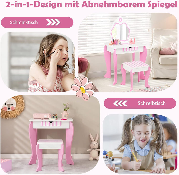 GOPLUS Kinder Schminktisch Set, Make up Schminktisch mit Hocker Spiegel, 2 in 1 Frisiertisch mit Sch