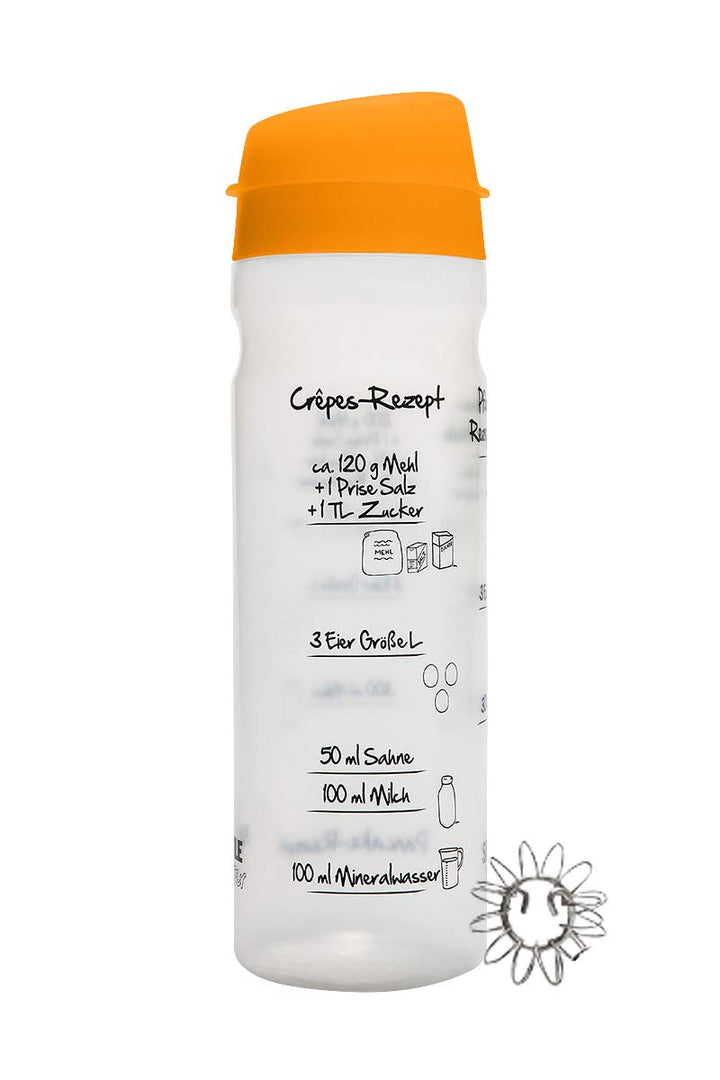 Pfannkuchen-Shaker (875ml, orange) einfach Teig machen und portionieren mit Rezeptaufdruck für Crêpe