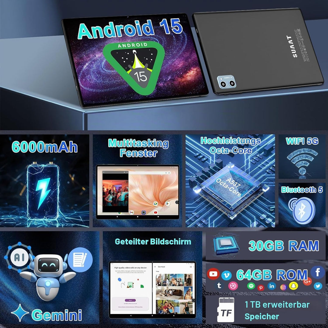 Tablet Android 15 mit 64GB RAM+2TB TF,10,1-Zoll-Bildschirm,Octa-Core,Gemin AI,WiFi 6, Bluetooth 5.0,
