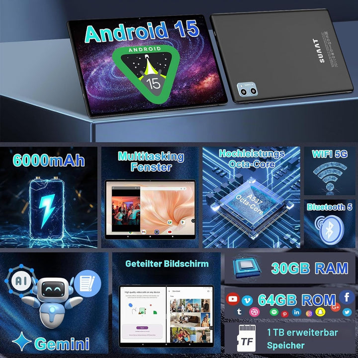 Tablet Android 15 mit 64GB RAM+2TB TF,10,1-Zoll-Bildschirm,Octa-Core,Gemin AI,WiFi 6, Bluetooth 5.0,