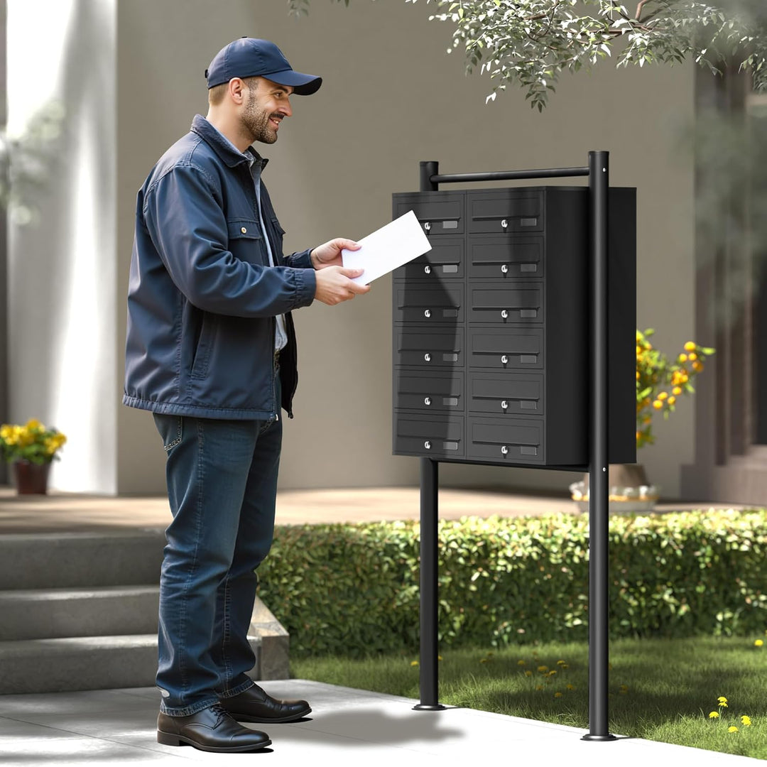 Wiltec 12er Briefkastenanlage schwarz 945 x 270 x 1500 mm, Standbriefkasten mit 2x6 Fächern, Schlüss