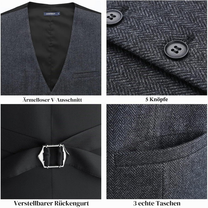 HISDERN Herren Anzugweste Herringbone Weste Hochzeit Herrenweste Formale Tweed Wollweste Classic Bas