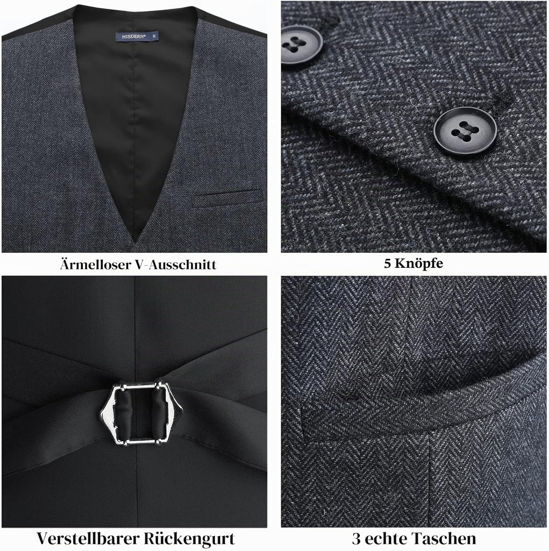 HISDERN Herren Anzugweste Herringbone Weste Hochzeit Herrenweste Formale Tweed Wollweste Classic Bas