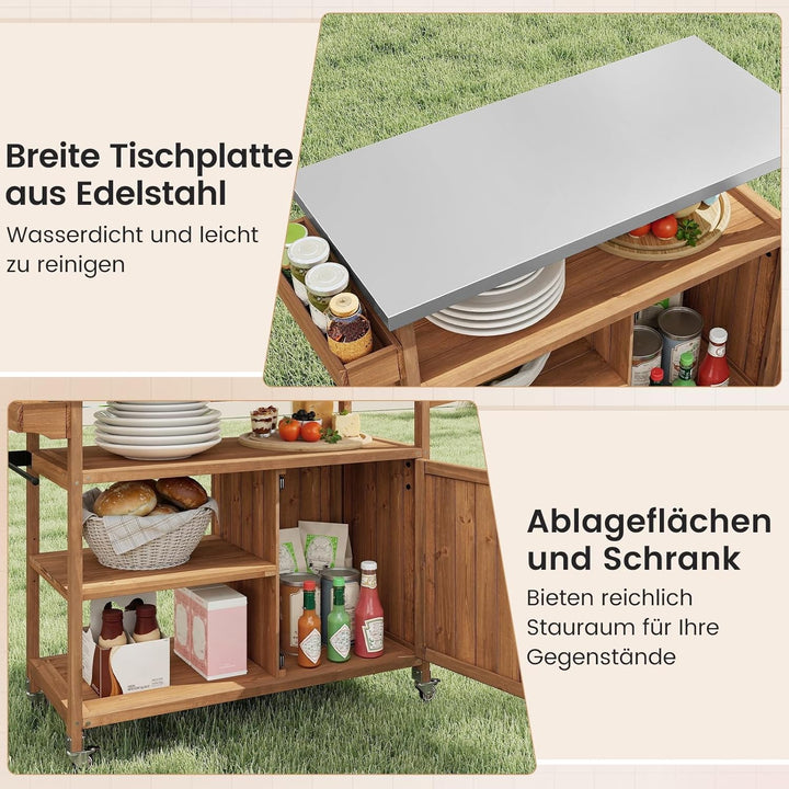 COSTWAY Grillwagen Outdoor, Servierwagen auf Rollen, Kücheninsel mit Edelstahl-Arbeitsplatte, Ablage