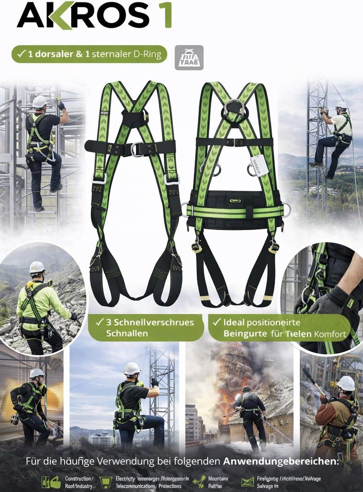 Kratos Safety Auffanggurt Akros 1, Grösse S-L, mit 2 Auffangpunkten und 3 Schnellverschluss Schnalle
