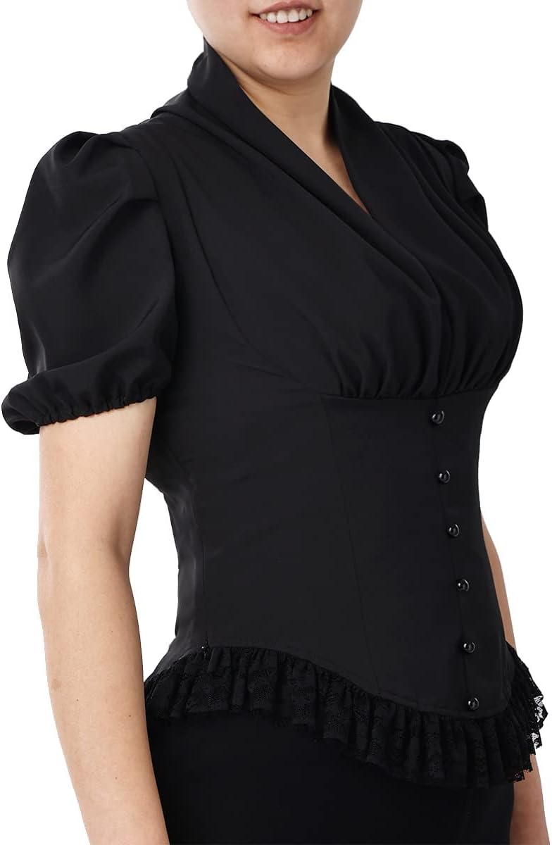 Damen Viktorianisches Korsett Tops Shirts Gothic Steampunk Schnür Bluse XS Schwarz, XS Schwarz