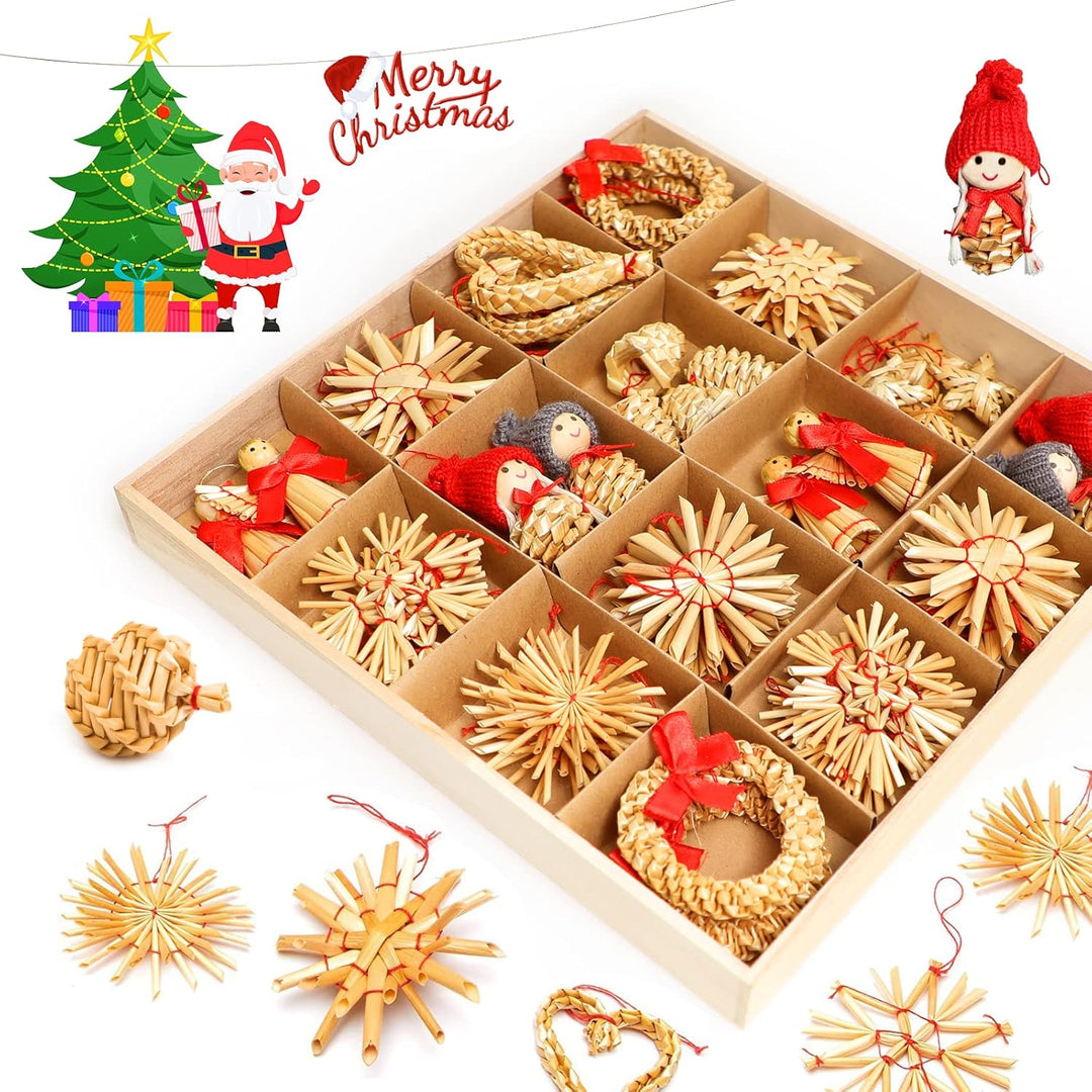 Strohsterne Weihnachtsbaum, 52 Stück Weihnachtlicher Baumschmuck Stroh Anhänger Strohstern, Christba