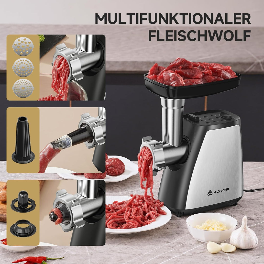 AAOBOSI Fleischwolf, 3-in-1 Elektrischer Fleischwolf [2800 W max] mit 2 Klingen, 3 Platten, Wurstfül