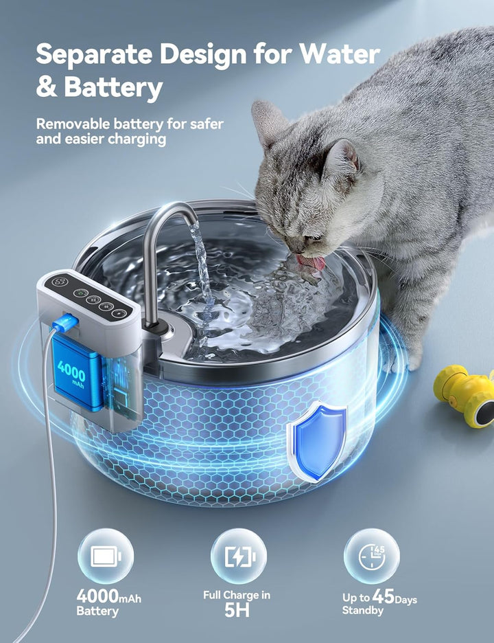 Kabelloser Katzenbrunnen Edelstahl mit Bewegungsmelder [Wasser-und Batterietrennung] FEELNEEDY Batte