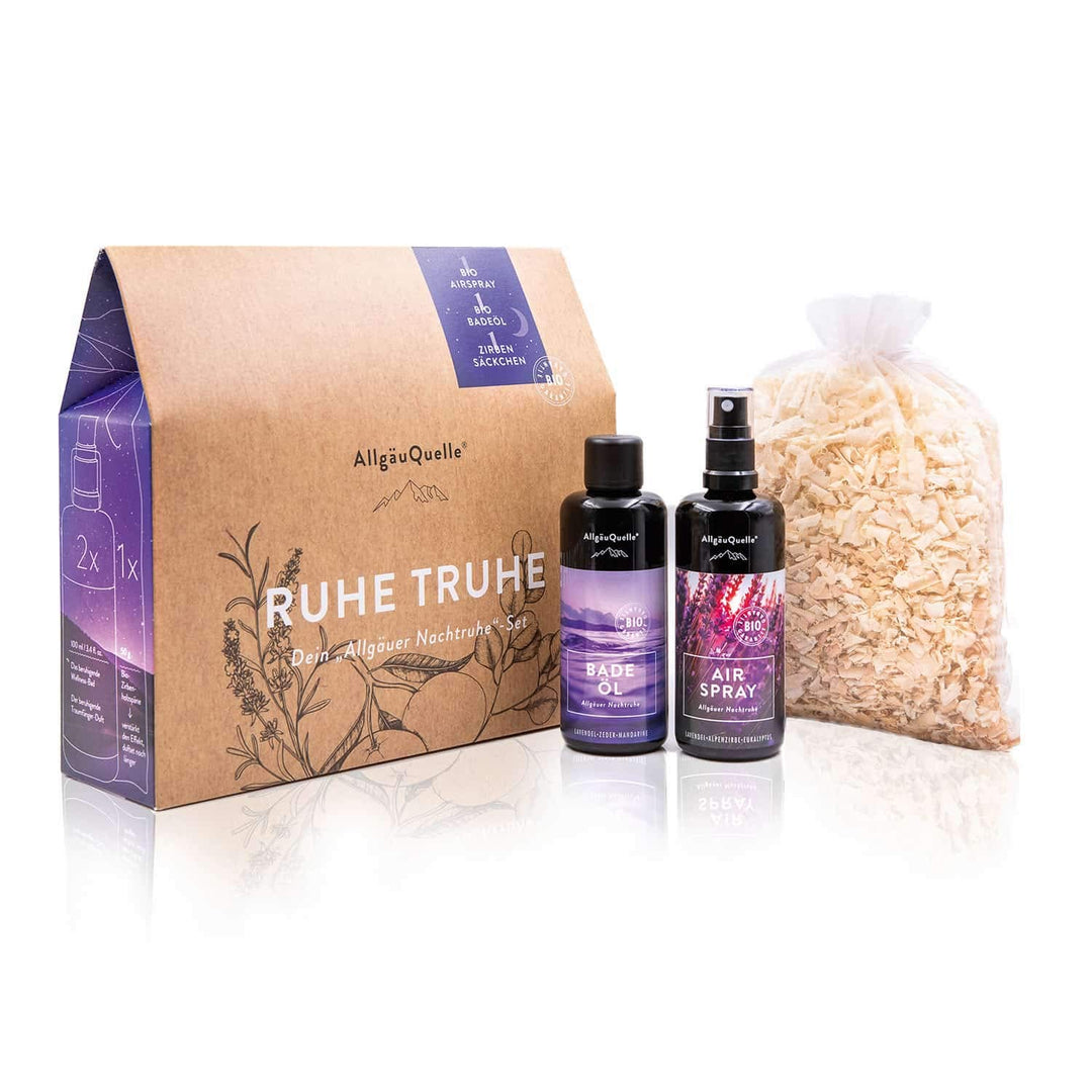 AllgäuQuelle® Bio Geschenk-Set Nachtruhe mit 100% Bio-Öle - 1x Bio-Airspray 100ml + 1x Bio-Badeöl 10