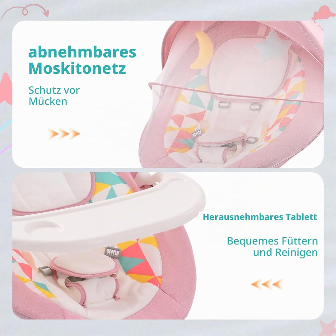 Babywippe Elektrisch,Babyschaukel Indoor Bluetooth, 5 Schwinggeschwindigkeit, 3 Winkellage, Fernsteu