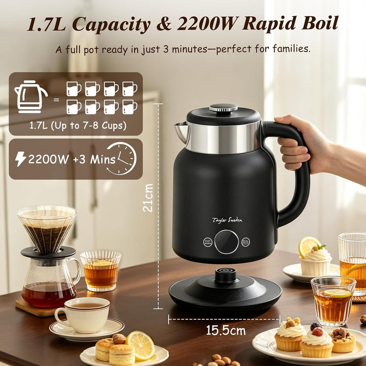 Taylor Swoden Asher - Wasserkocher Edelstahl mit Temperatureinstellung, 2200 W, 1,7 L, LED-Anzeige,
