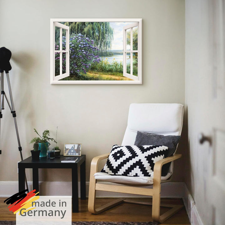 ARTland Leinwandbilder Wandbild Bild auf Leinwand 100x70 cm Landschaften Fensterblick J4WF Hortensie