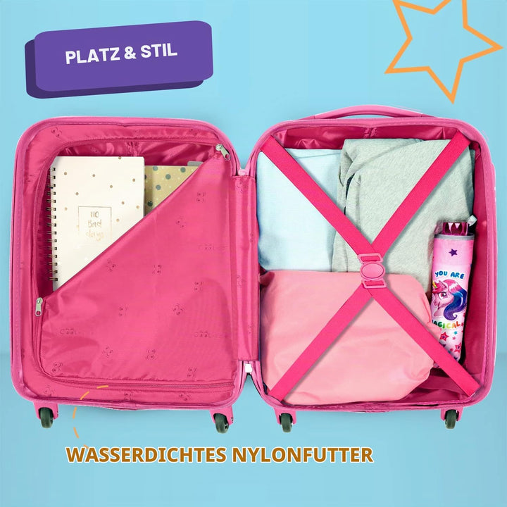 PERLETTI Einhorn Kinderkoffer Rosa - Kinder Trolley Handgepäck Leicht 4 Rollen und Zahlenschloss - H
