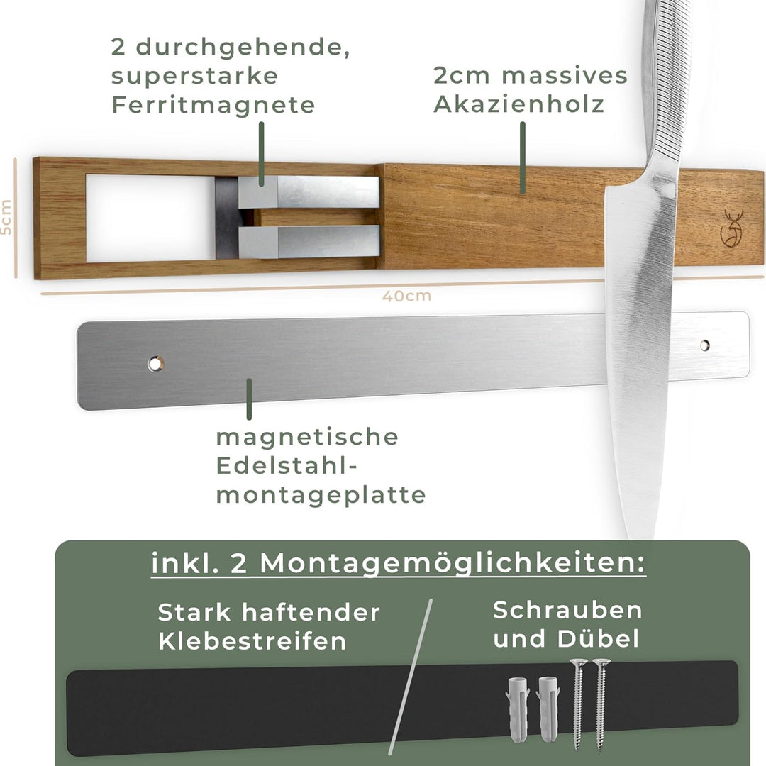 WALDWERK Magnetleiste Messer (40x5cm) - Magnetleiste aus edlem Akazienholz - Messerhalter magnetisch