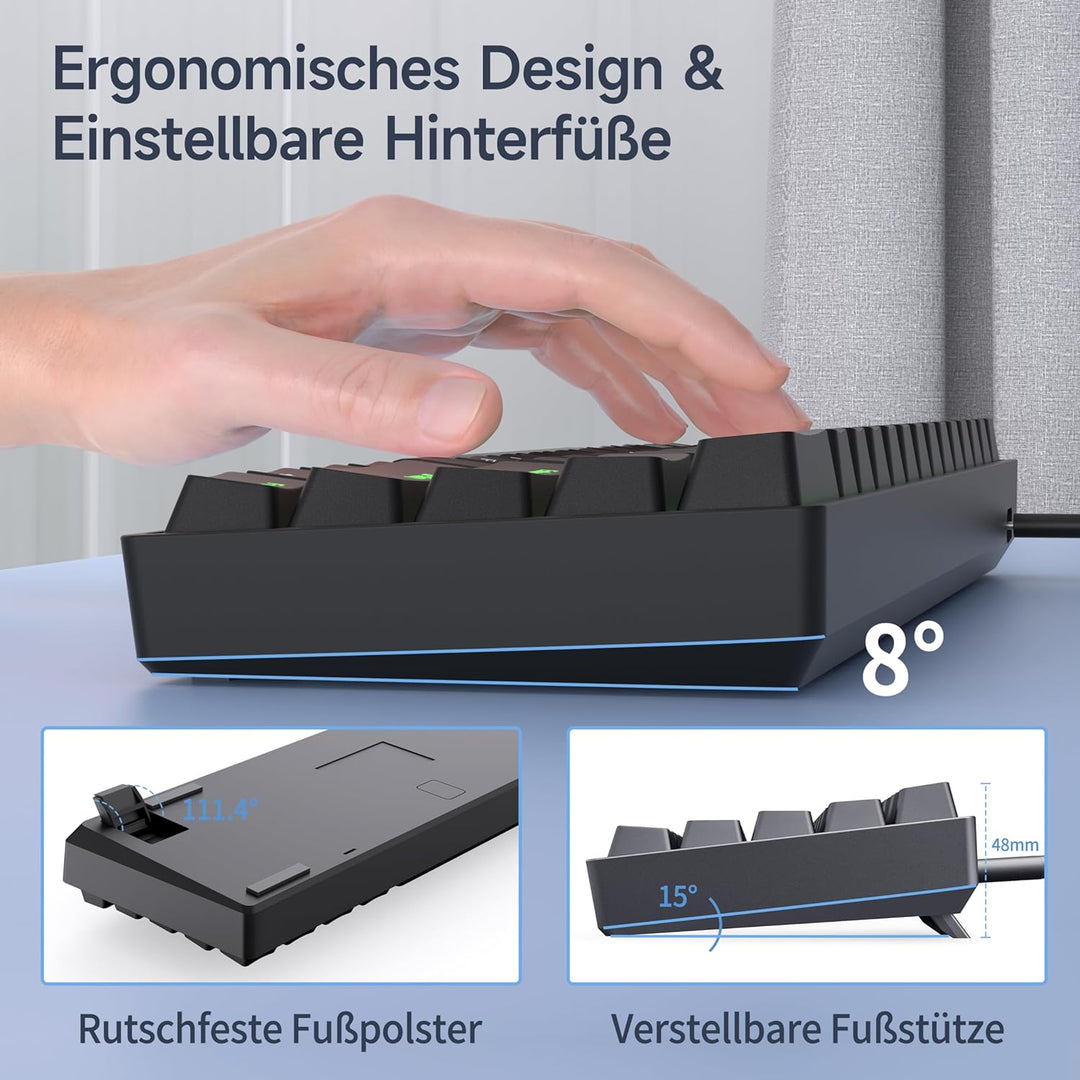 TMKB T61SE Gaming Mechanische Tastatur mit Deutsches QWERTZ Layout,Blauer Schalter,Schwarz QWERTZ La
