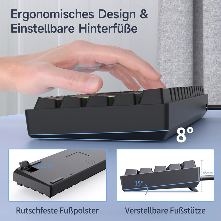 TMKB T61SE Gaming Mechanische Tastatur mit Deutsches QWERTZ Layout,Blauer Schalter,Schwarz QWERTZ La