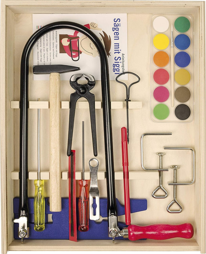 Pebaro 429S Laubsäge-Holzkiste mit Farbkasten, 22 Teile, komplettes Set im Holzschrank, Stahlwerkzeu