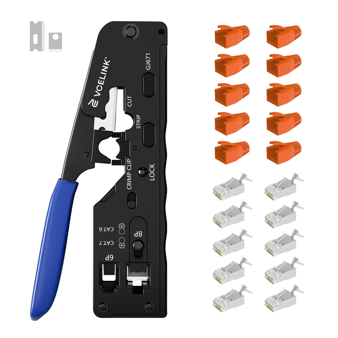 VCELINK GJ671BL Crimpzange RJ45 Presszange für RJ45 Stecker mit Cat 7 Cat6A Lan Stecker Pass Through