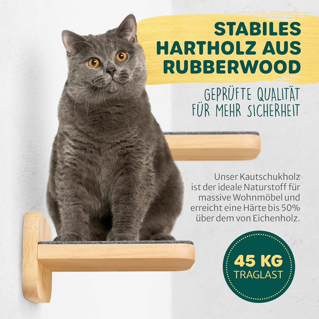 HAPPYPET Katzentreppen 3er-Set für Wandmontage - Nachhaltiges Hartholz, Designer Kletterwand Katzen,