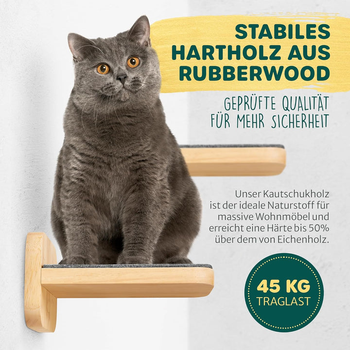 HAPPYPET Katzentreppen 3er-Set für Wandmontage - Nachhaltiges Hartholz, Designer Kletterwand Katzen,