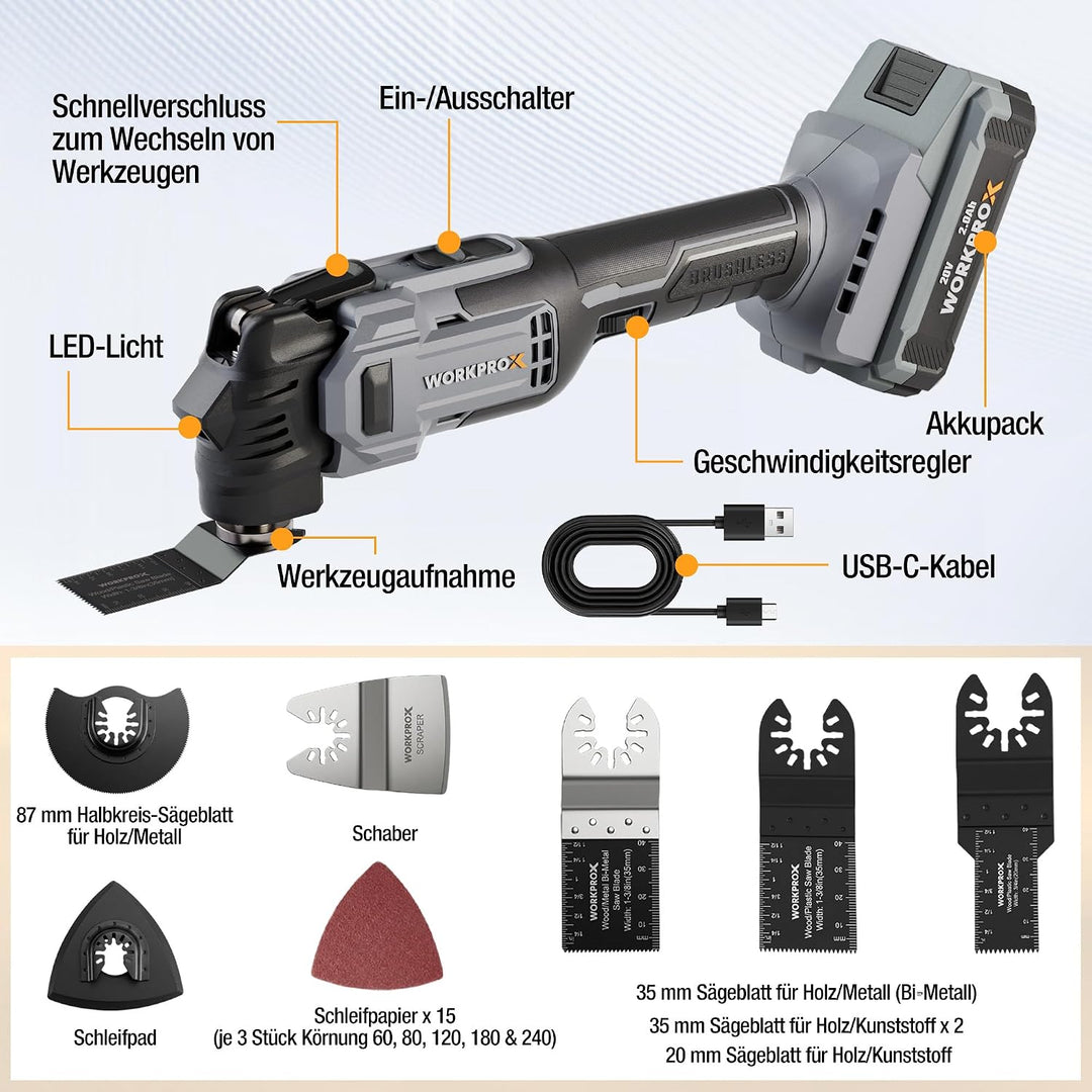WORKPROX 20V Bürstenloser Oszillationswerkzeug Akku mit Tasche | 6 Einstellbare Geschwindigkeiten, M