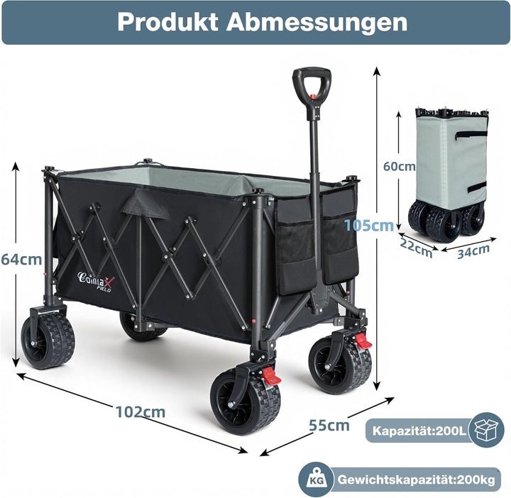 COMLAX FIELD Bollerwagen Faltbar 200L 200KG, Faltbarer Bollerwagen mit Breiten Rädern, Strandwagen K
