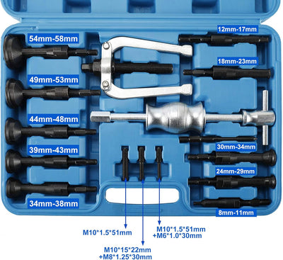 FreeTec 16tlg Innenlager Abzieher Set, 8-58mm Innenabzieher Lager, Grundloch Lagerabzieher Innenlage