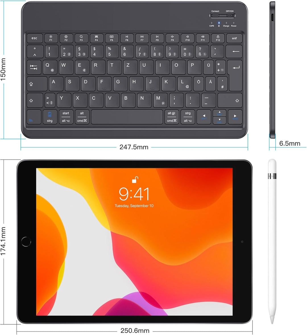 Emetok Deutsche Bluetooth Tastatur für iPad Air/iPad Pro/Mini/iPad 10.9/10.2/9.7/iPhone/Samsung/Andr