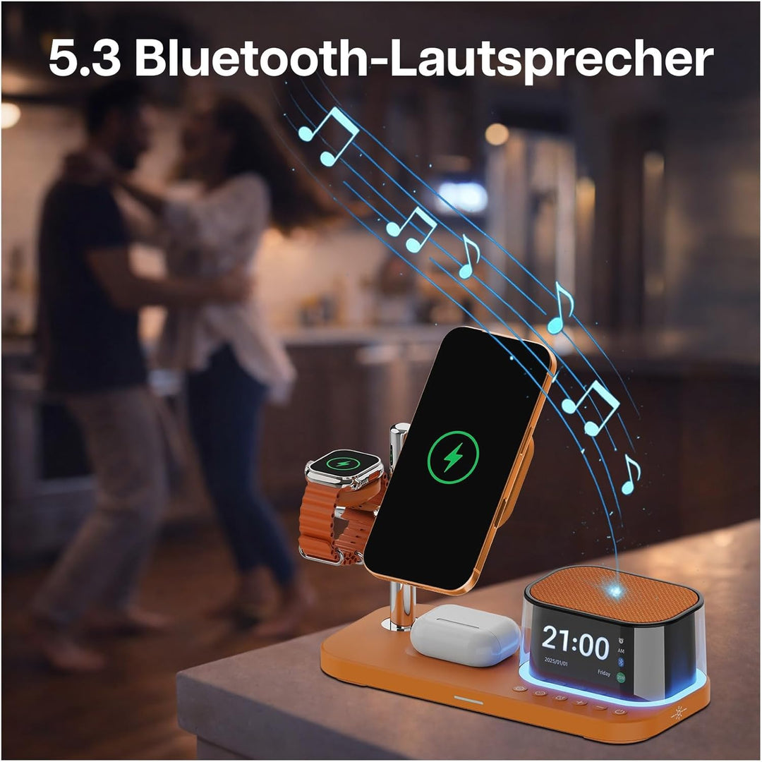 Kabellose Ladestation 5-in-1 mit Wecker, Bluetooth-Lautsprecher & LED-Nachtlicht für MagSafe von MMO